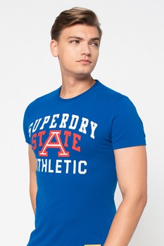 SUPERDRY, Tricou slim fit cu imprimeu Track&Field, Albastru royal/Rosu/Alb