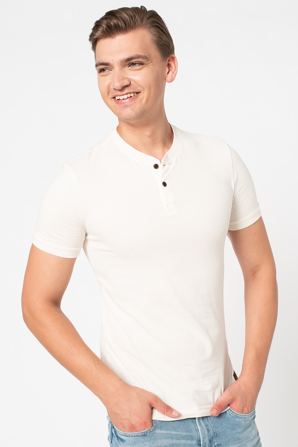 SUPERDRY, Tricou slim fit de bumbac organic cu guler Henley, Alb prafuit