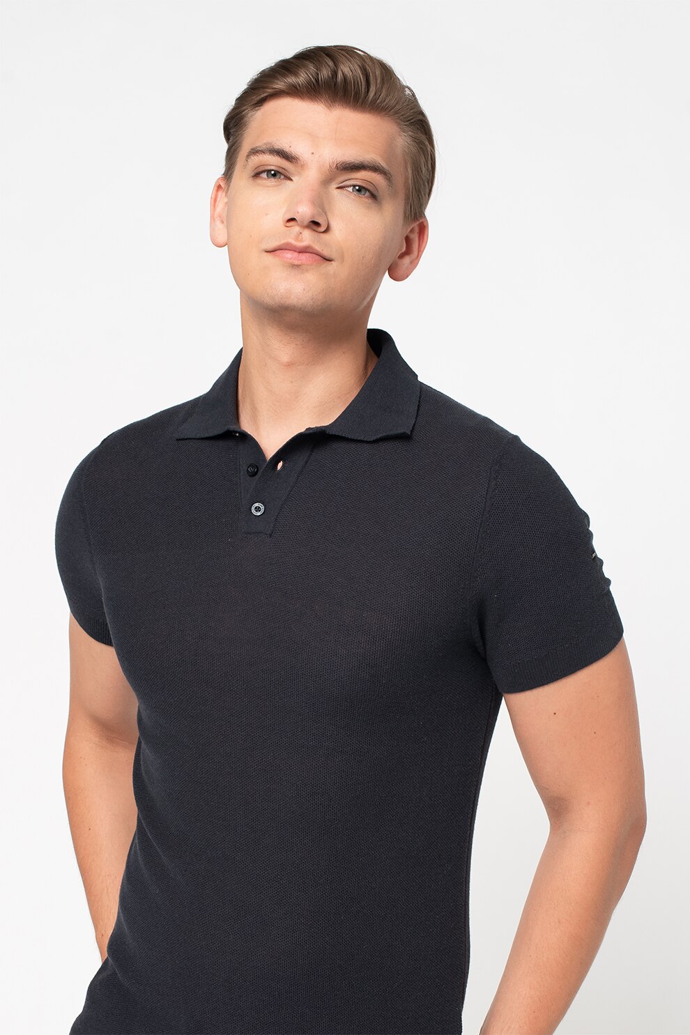 SUPERDRY, Tricou polo slim fit tricotat fin, Bleumarin inchis