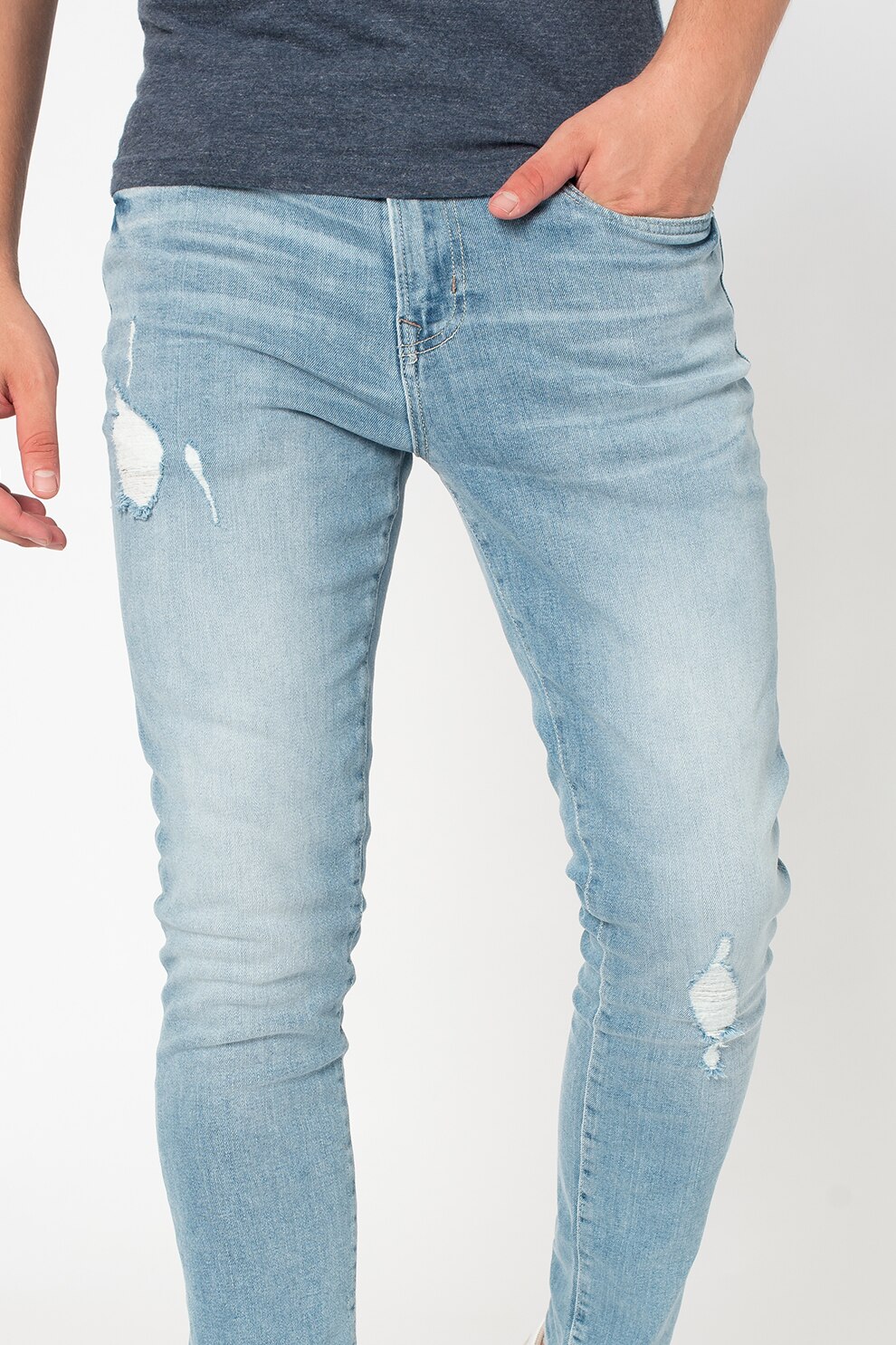 SUPERDRY, Blugi skinny cu aspect deteriorat, Albastru pastel