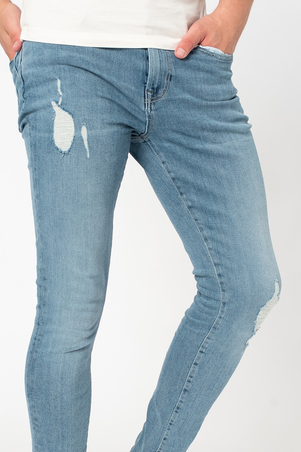 SUPERDRY, Blugi skinny cu aspect deteriorat, Albastru deschis