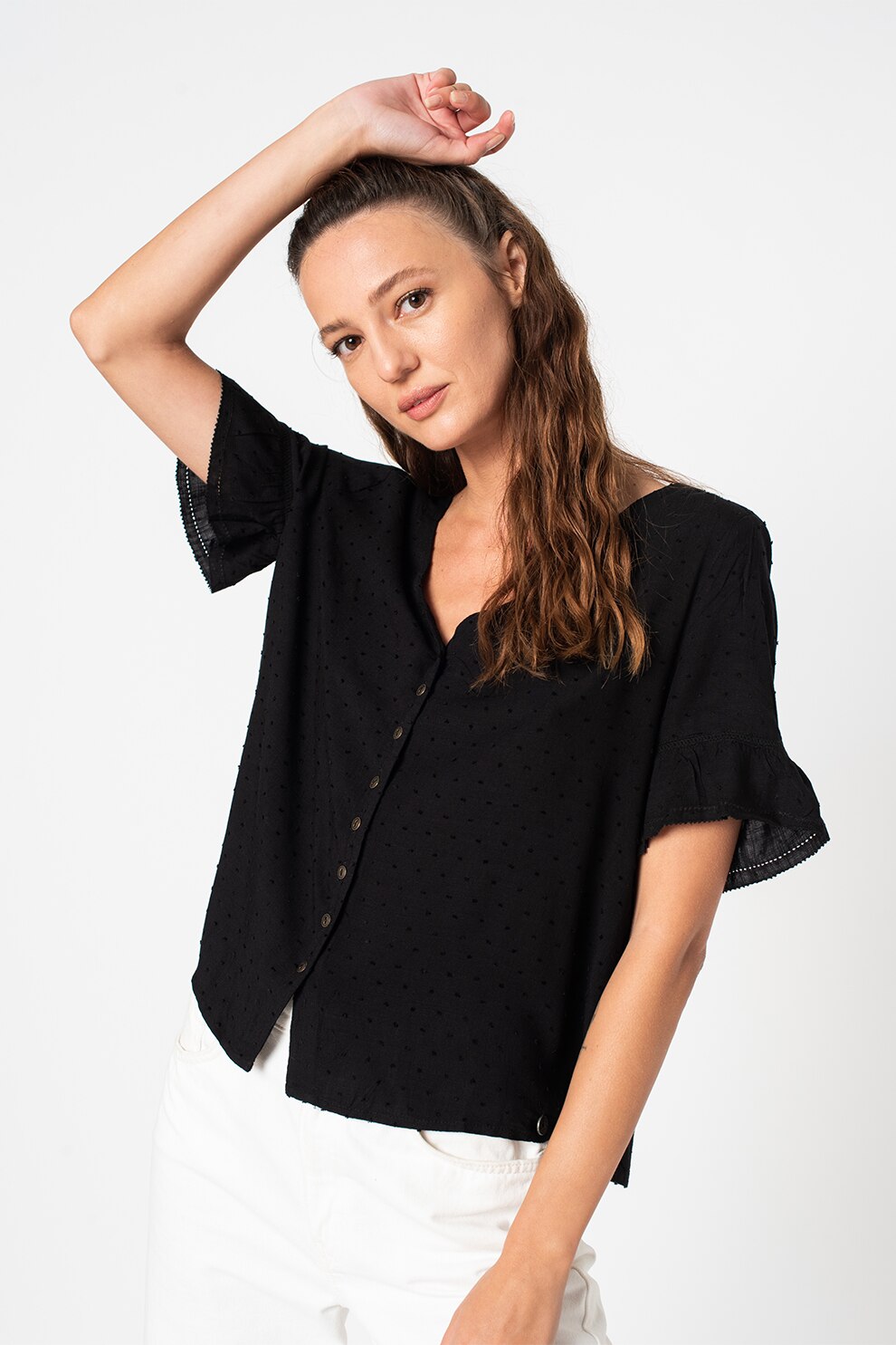 SUPERDRY, Bluza vaporoasa cu nasturi, Negru