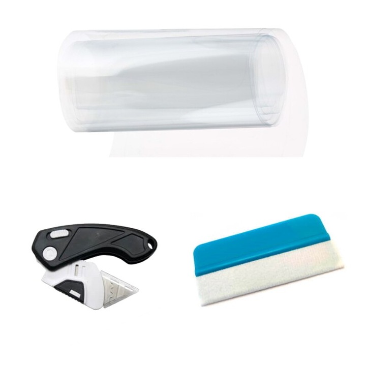 Kit Folie Transparenta Autoadeziva Protectie Faruri 100x40cm, Racleta Montaj cu Pasla si Cutter tip Briceag