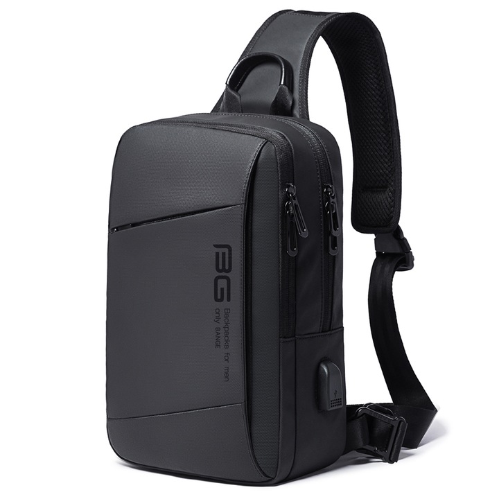 Geanta crossbody/de umar casual, impermeabila, cu doua compartimente si port de incarcare USB, Bange, Neagra