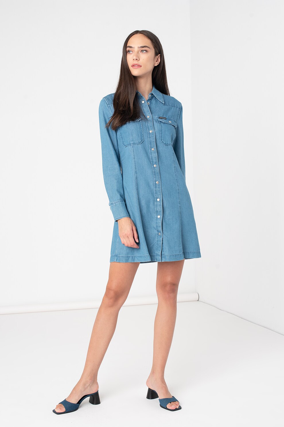 CALVIN KLEIN JEANS, Rochie-camasa de denim cu buzunare aplicate, Albastru deschis, M