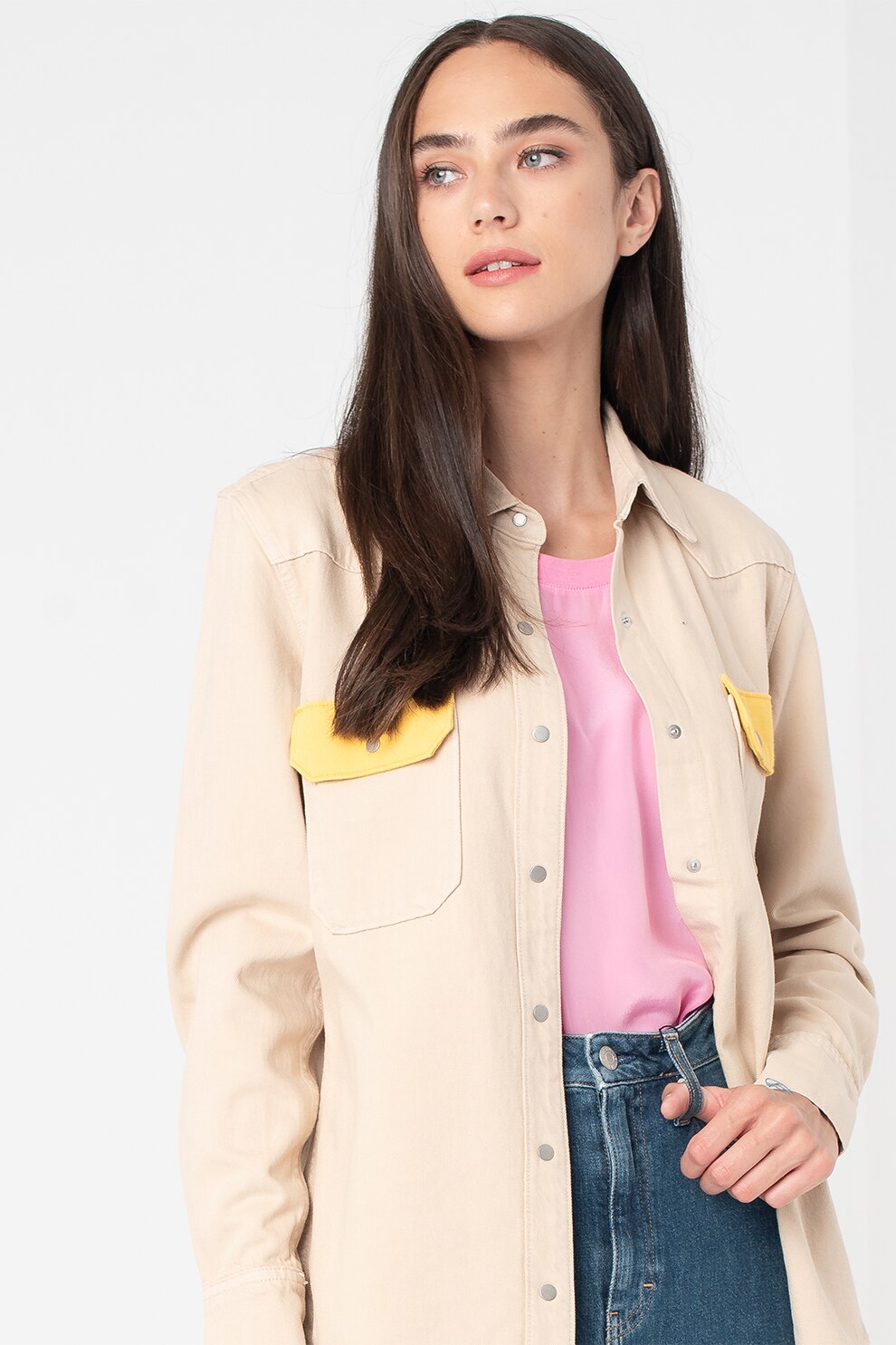 CALVIN KLEIN JEANS, Camasa din denim cu buzunare aplicate pe piept, Maro nisip, L
