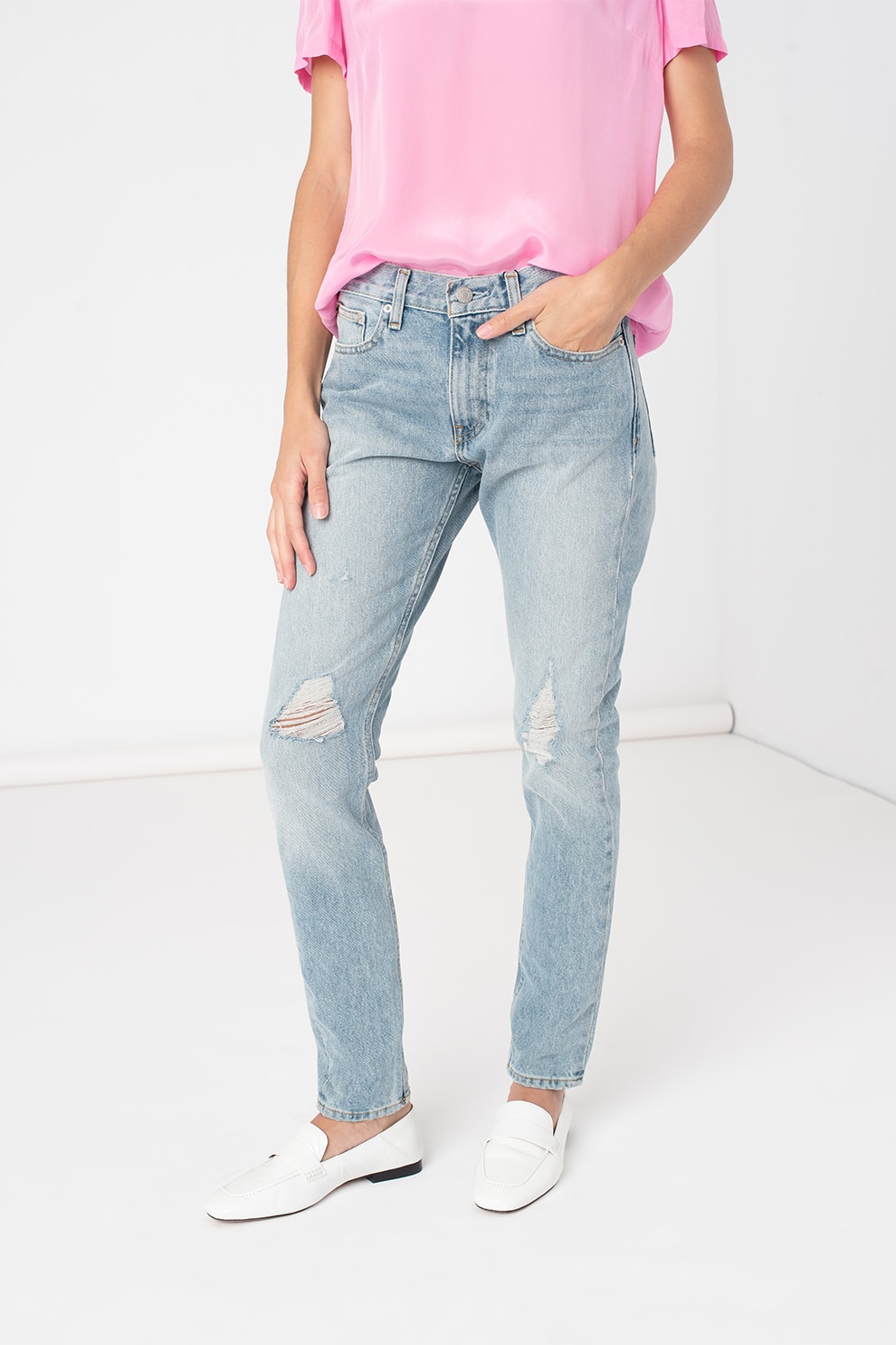 CALVIN KLEIN JEANS, Blugi slim fit cu rupturi decorative, Albastru deschis, W25-L30
