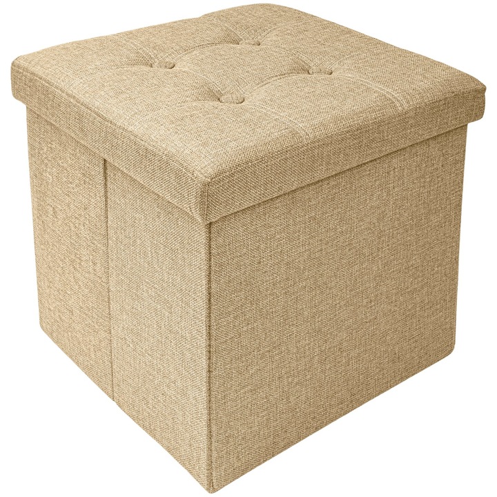 Taburet Pliabil cu Spatiu de Depozitare FizioTab®, Tip Cutie, Cub Textil, 38X38X38 cm, Bej, Cusaturi Albe