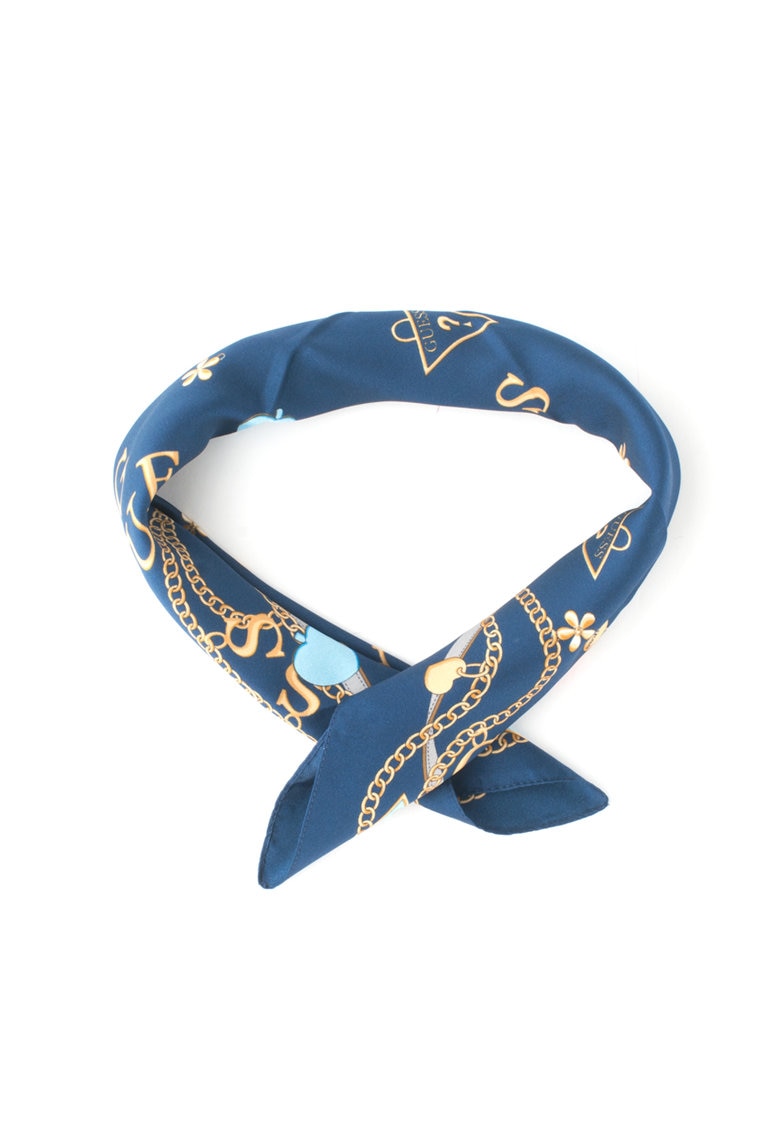 Esarfa patrata de matase cu logo, Guess, Bleumarin, 50x 50 cm