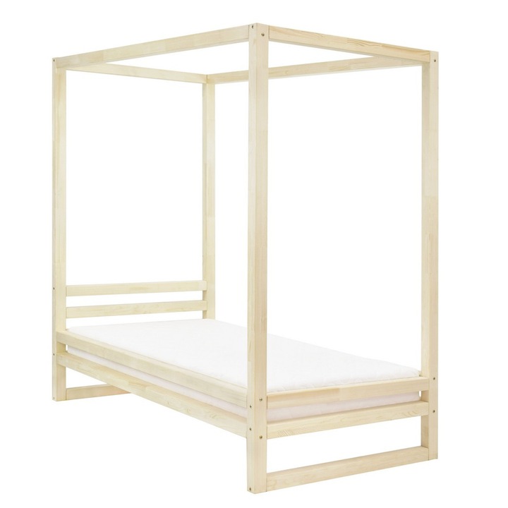 Pat simplu Benlemi, BALDEE, cu baldachin, Lemn, 120 x 190 cm, Maro deschis