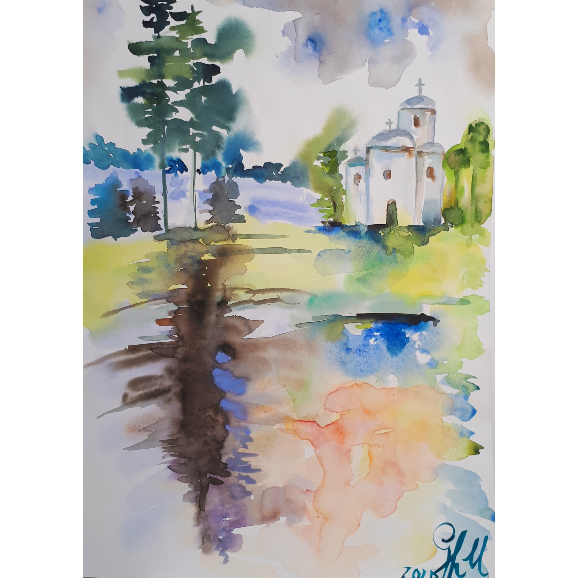 Tablou acuarela Biserica pe deal, pictat manual de Artemisia dimensiune 31 x 43 cm