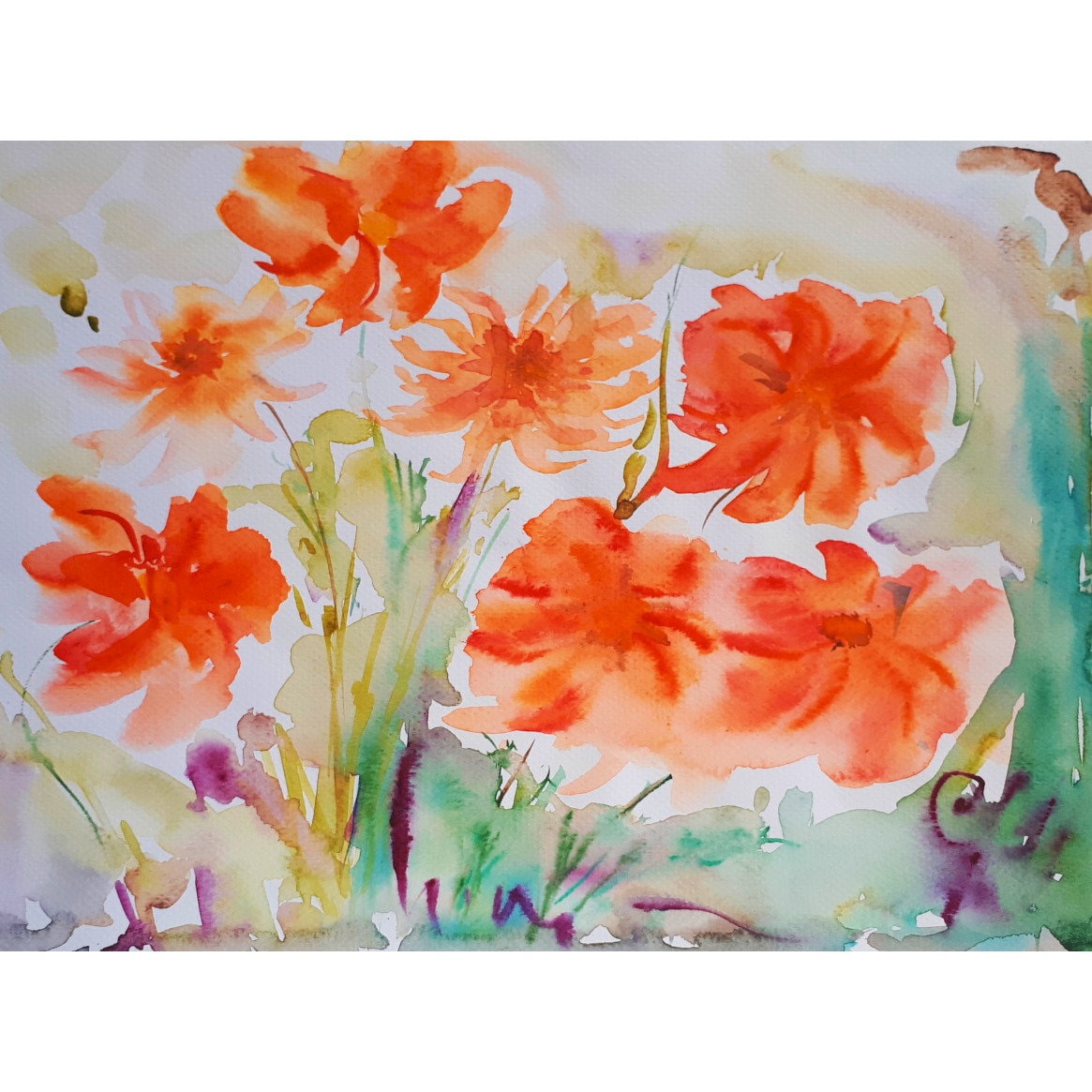 Tablou Buchet de crizanteme, acuarela, pictat manual de Artemisia dimensiune 29 x 22 cm