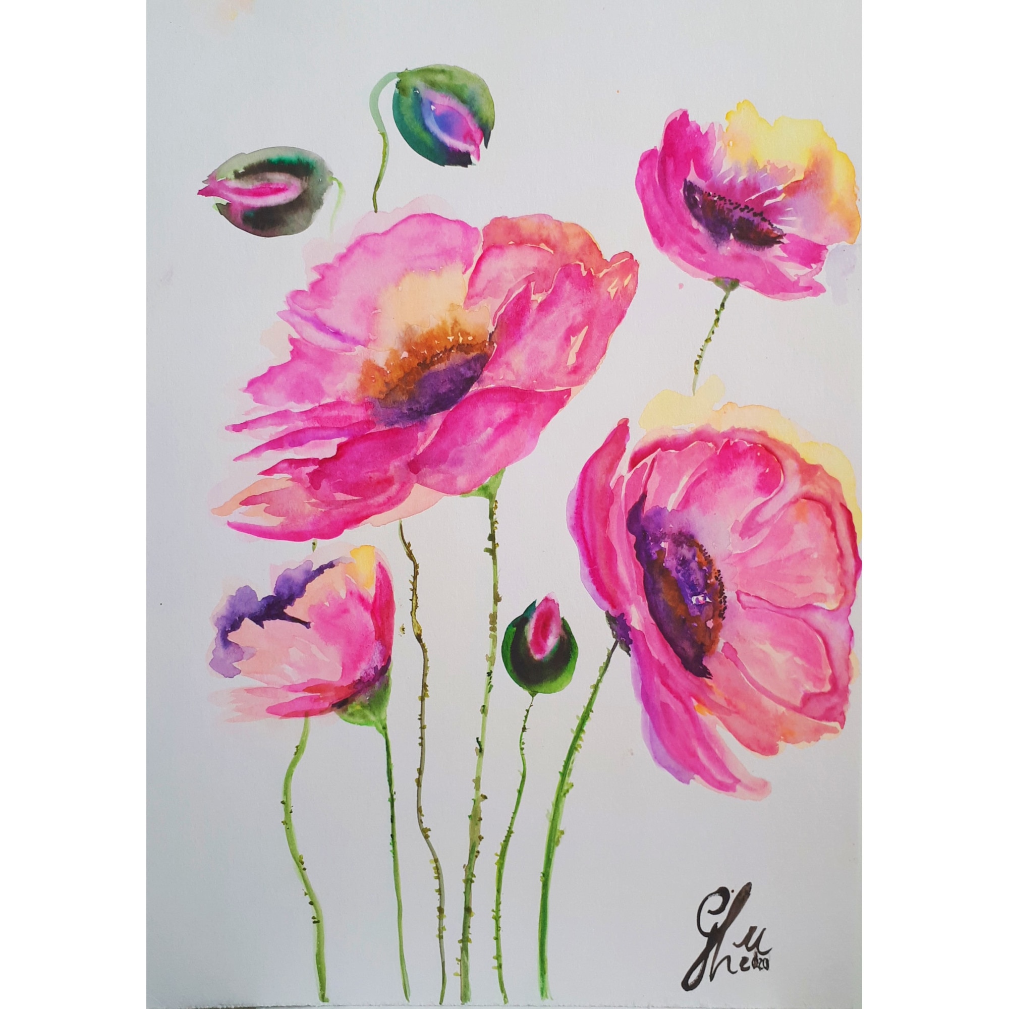 Tablou Buchet de maci, acuarela, pictat manual de Artemisia dimensiune 30 x 43 cm