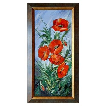 Tablou ArtDeco Maci, pictat manual in ulei pe panza caserata pe MDF, dimensiuni exterioare cu rama 64 cm lungime, 33 cm latime si 2 cm grosime, compozitie proprie Tablou ArtDeco Maci, pictat manual in ulei pe panza caserata pe MDF, dimensiuni exterioare cu rama 64 cm lungime, 33 cm latime si 2 cm grosime, compozitie proprie