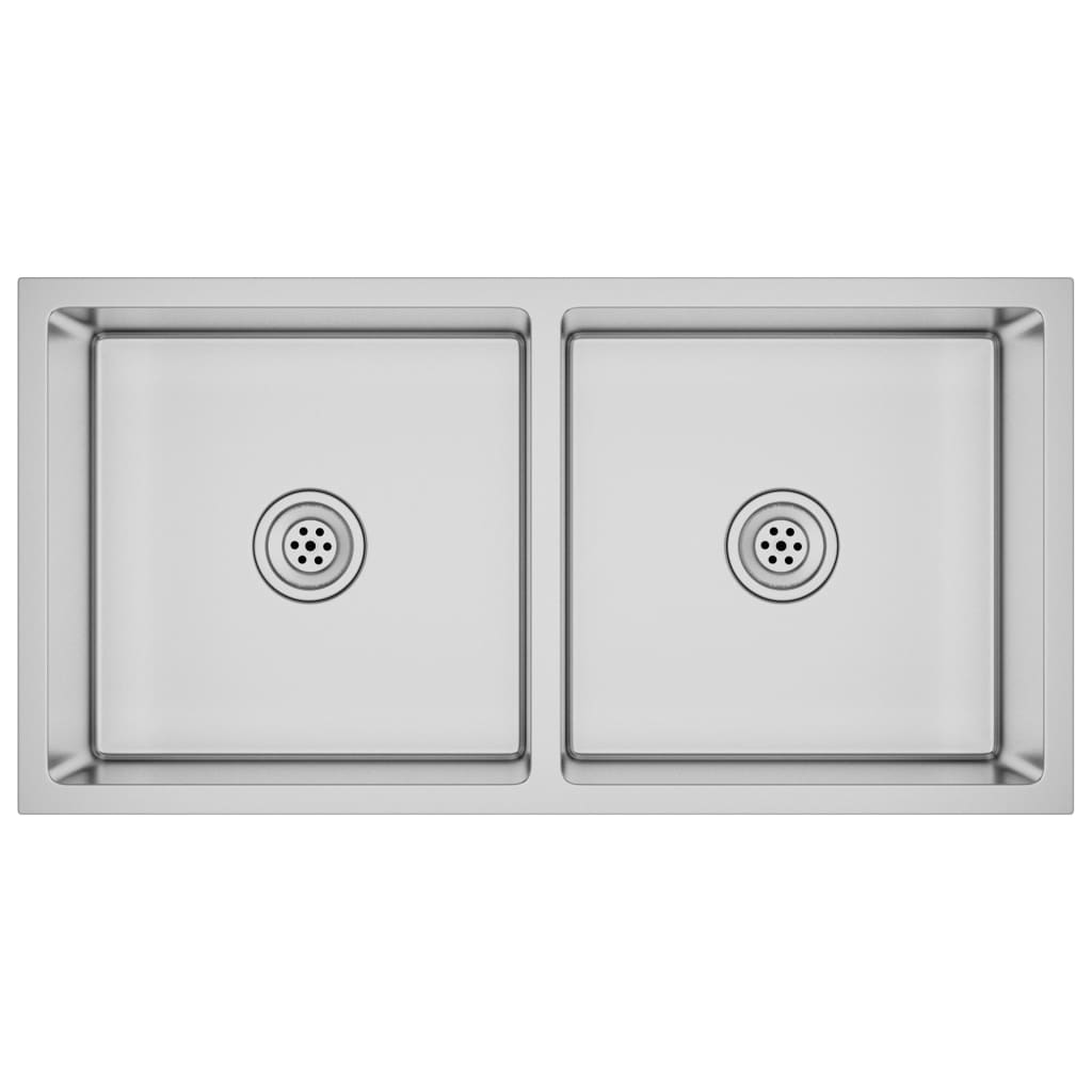 Chiuveta cu doua cuve de bucatarie lucrata manual vidaXL, Otel inoxidabil, 865 x 440 x 200 mm, Argintiu