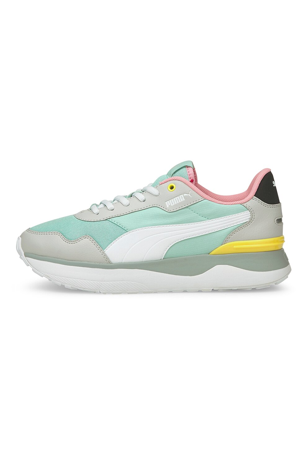 Puma, Pantofi sport cu garnituri din piele ecologica R78 Voyage, Gri/albastru aqua/galben