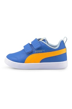 Puma, Pantofi sport din piele ecologica cu inchidere velcro Courtflex V2, Albastru/Galben sofran