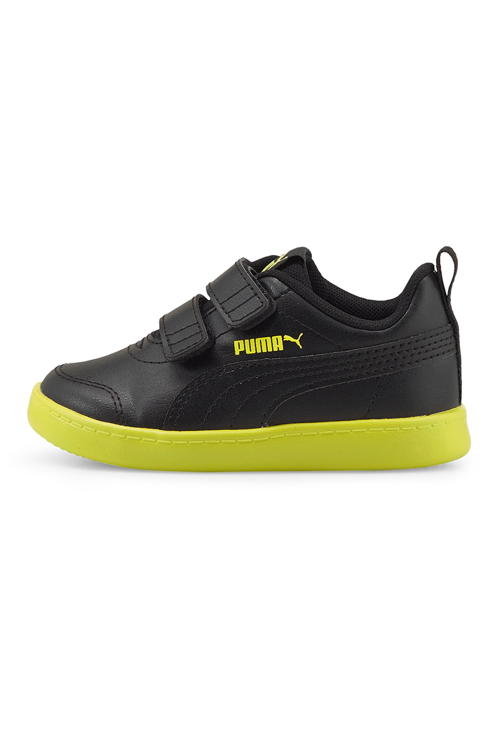 Puma, Pantofi sport din piele ecologica cu inchidere velcro Courtflex V2, Negru/Verde fistic