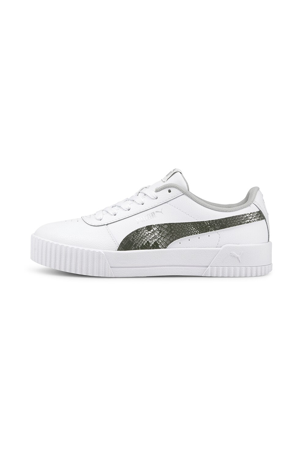 Puma, Pantofi sport cu insertii din piele Carina, Alb/gri inchis/argintiu