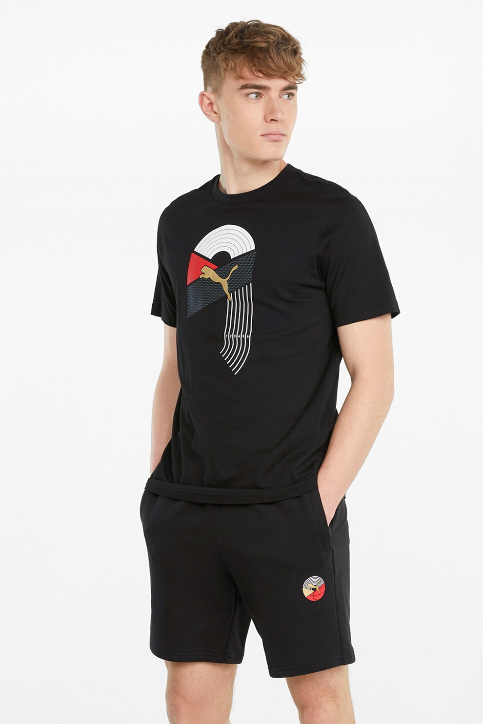 Puma, Tricou regular fit cu imprimeu logo AS, Negru/Alb/Oranj