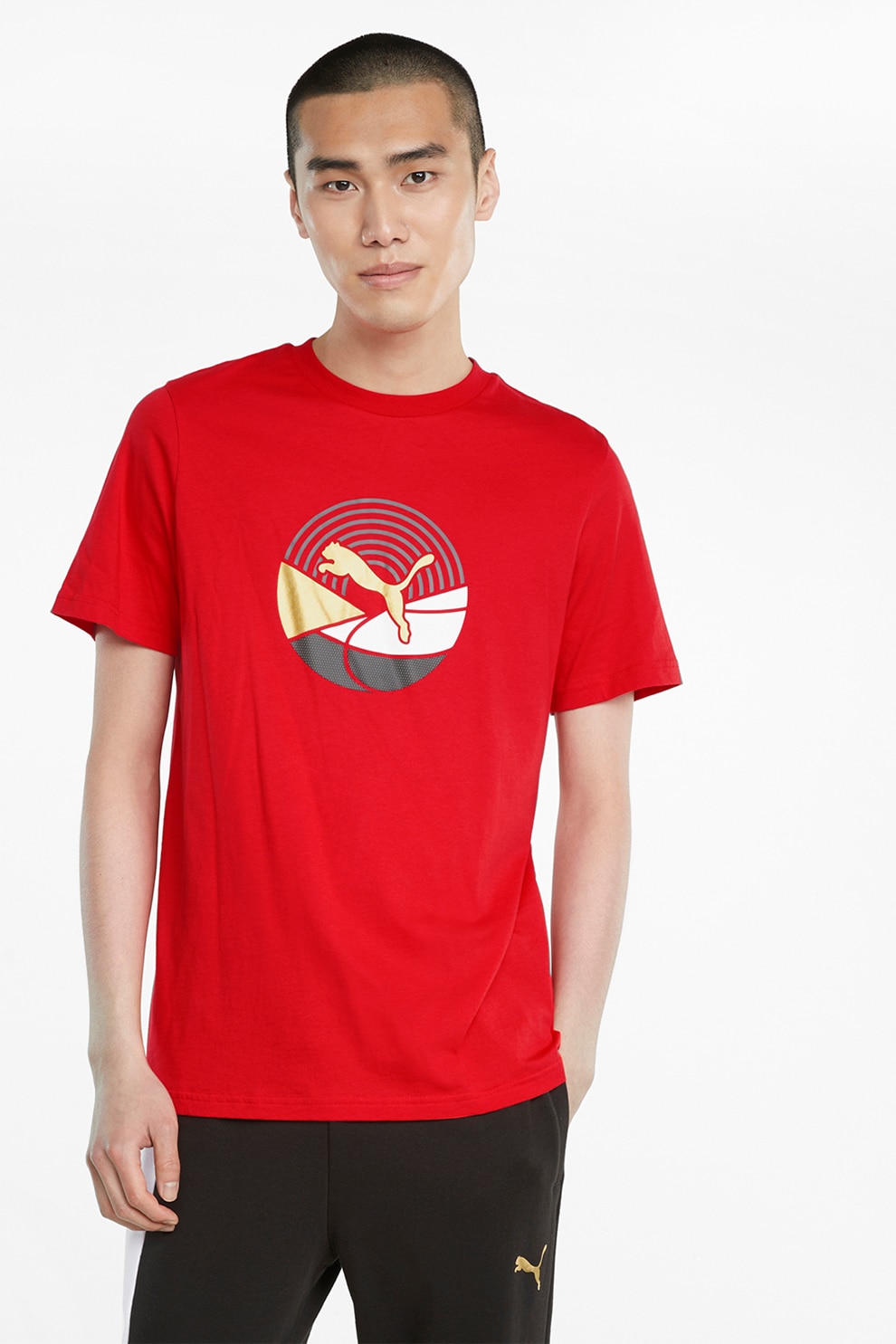 Puma, Tricou regular fit cu imprimeu logo AS, Rosu vermilion/auriu/alb