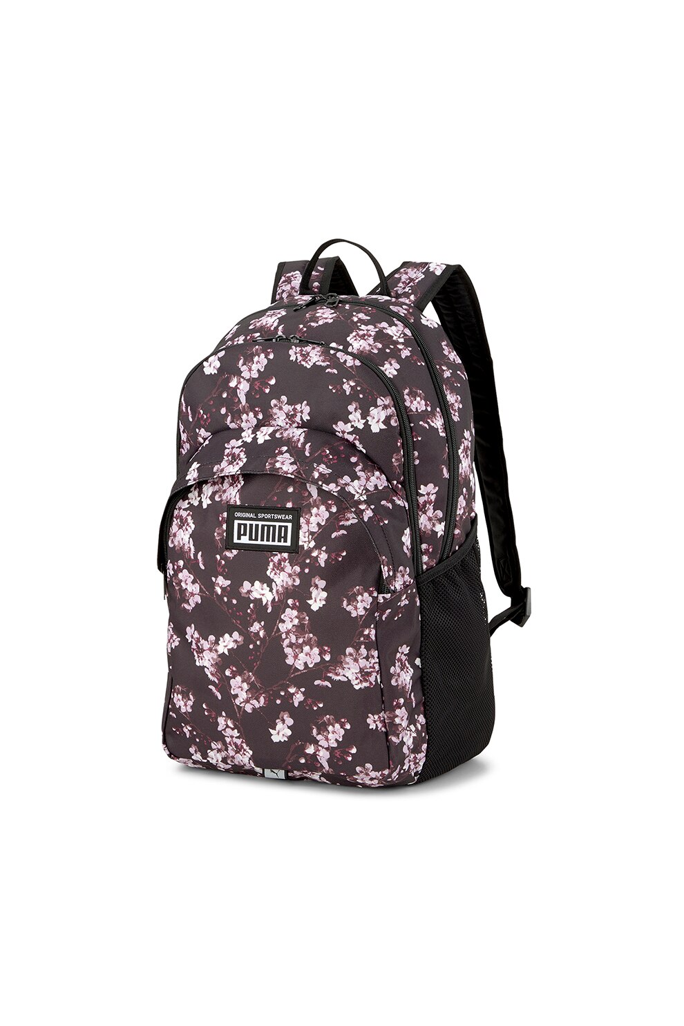 Puma, Rucsac cu imprimeu si buzunare laterale din plasa Academy, Negru/Alb/Violet