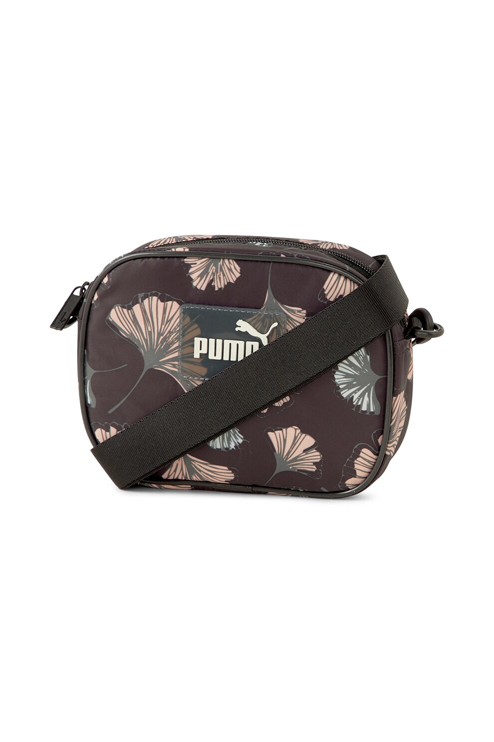 Puma, Geanta crossbody cu imprimeu si logo, negru, roz prafuit, gri inchis