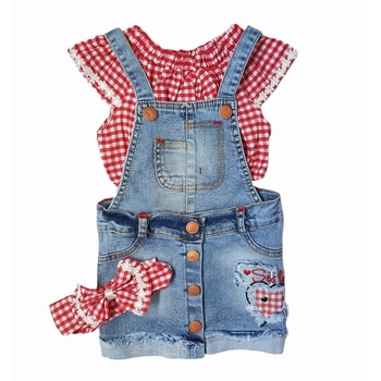 Compleu 3 piese cu sarafan denim si top Rosu/Alb Compleu 3 piese cu sarafan denim si top Rosu/Alb