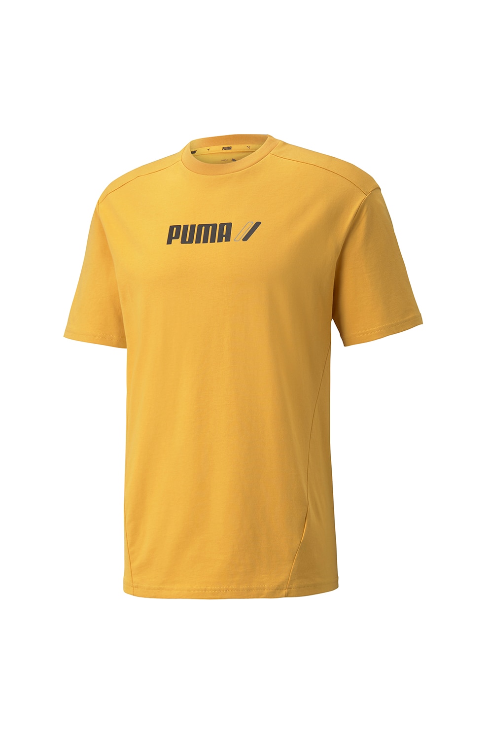 Puma, Tricou cu decolteu la baza gatului si imprimeu logo, Galben sofran/Negru
