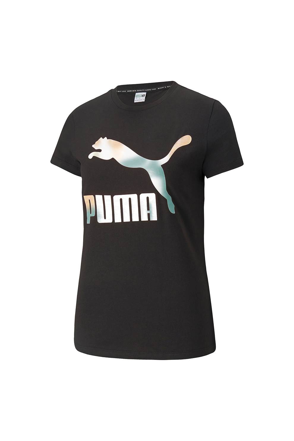 Puma, Tricou cu decolteu la baza gatului si logo Classics, Negru/Alb