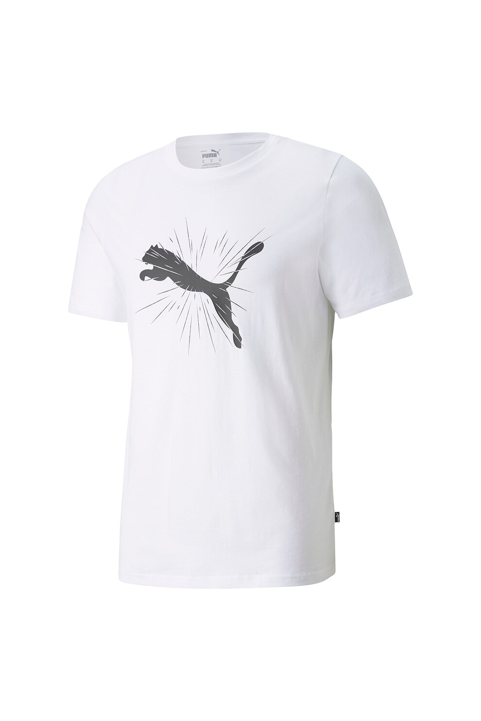 Puma, Tricou cu imprimeu logo si decolteu la baza gatului, Alb/Negru/Gri