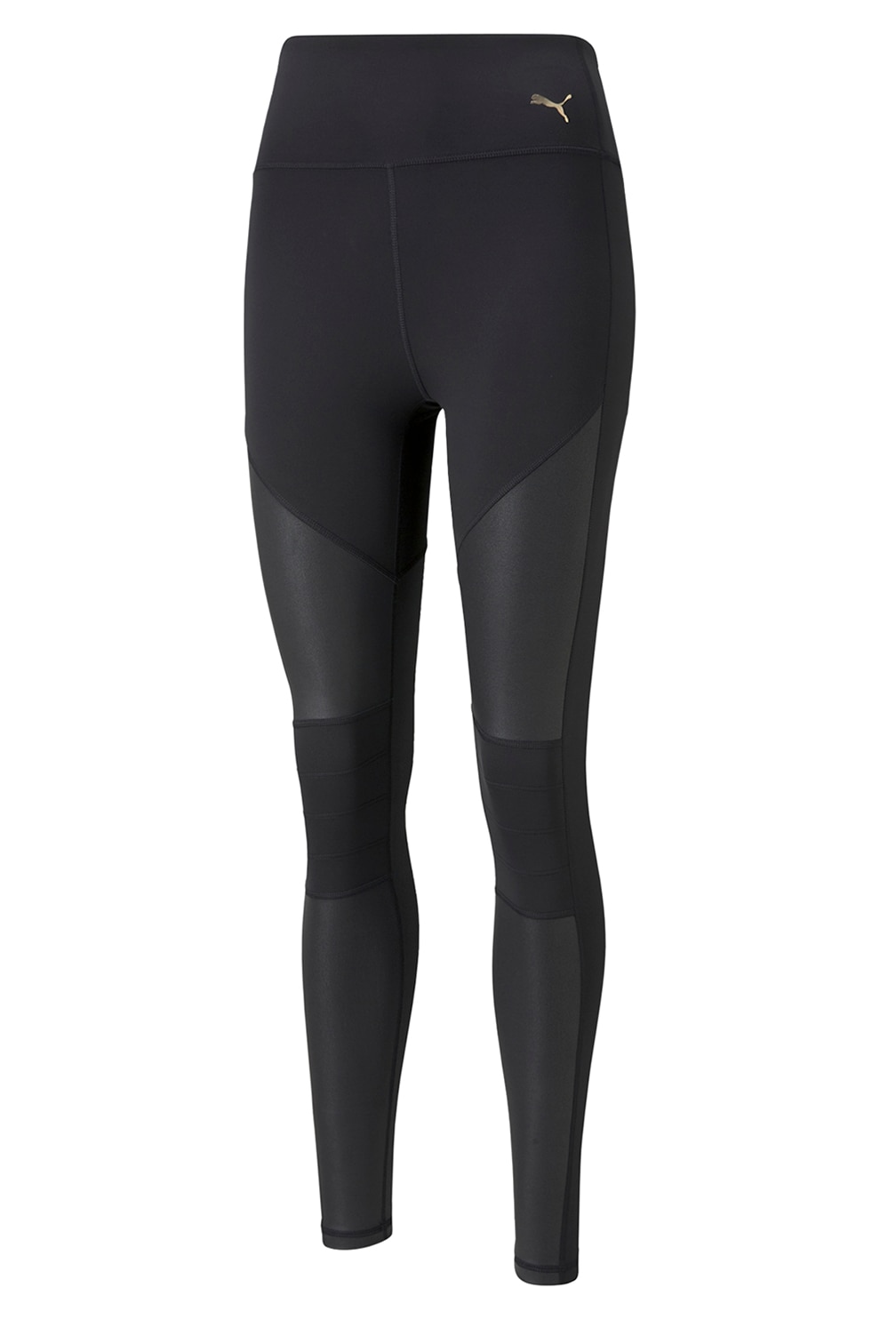 Puma, Colanti cu talie inalta si detaliu logo, pentru fitness, Negru