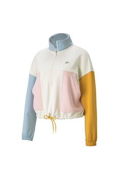 Puma, Bluza sport cu fermoar scurt si model colorblock Downtown, Alb sofran/galben sofran/albastru prafuit Puma, Bluza sport cu fermoar scurt si model colorblock Downtown, Alb sofran/galben sofran/albastru prafuit