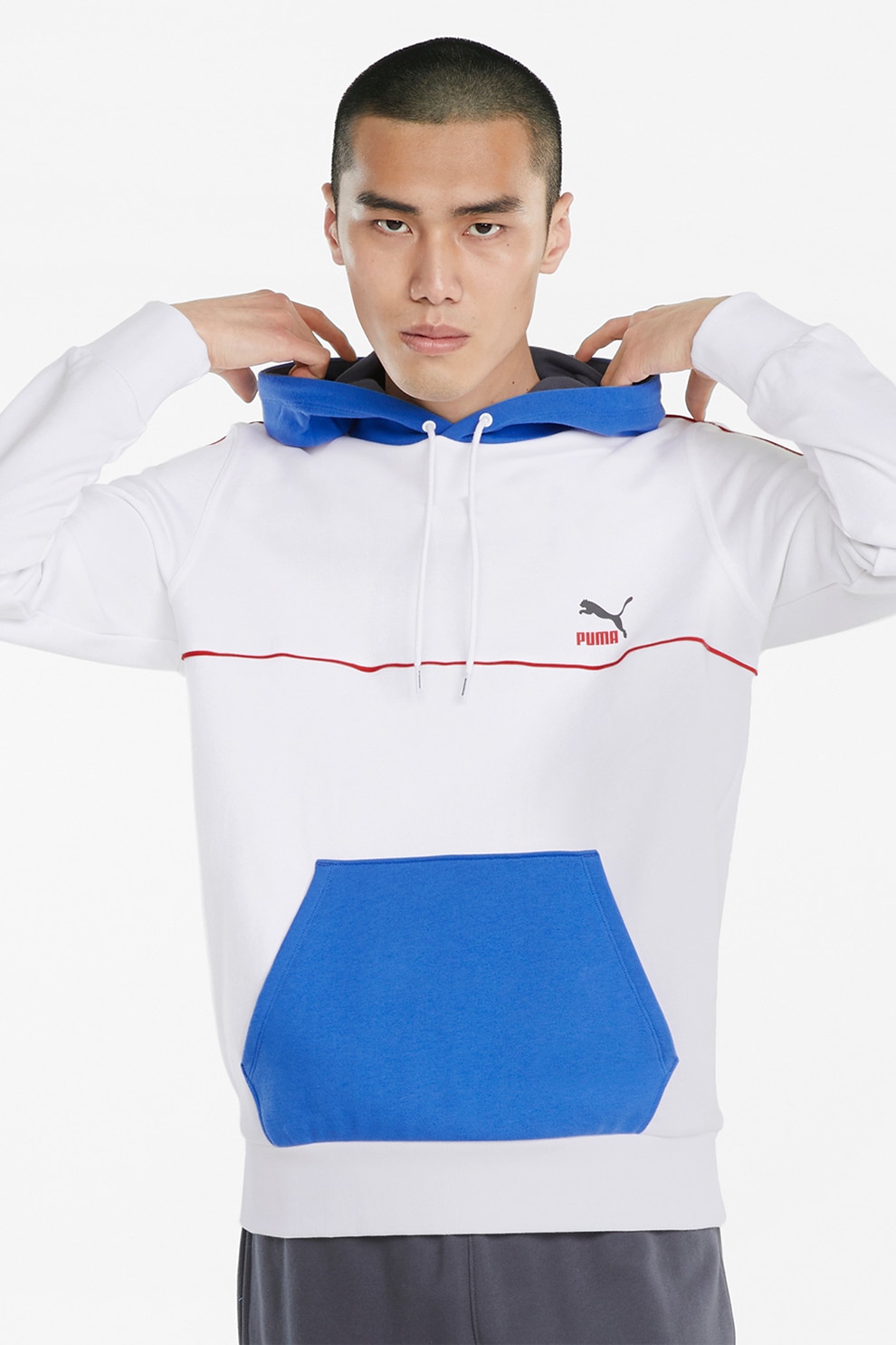 Puma, Hanorac cu model colorblock, Alb/Albastru royal