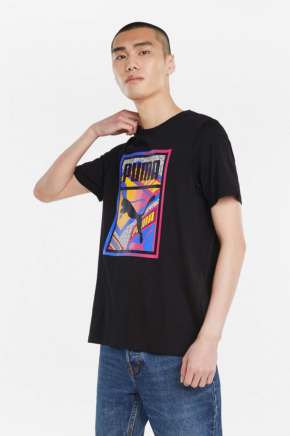 Puma, Tricou cu decolteu la baza gatului si imprimeu logo, Negru/Oranj/Albastru