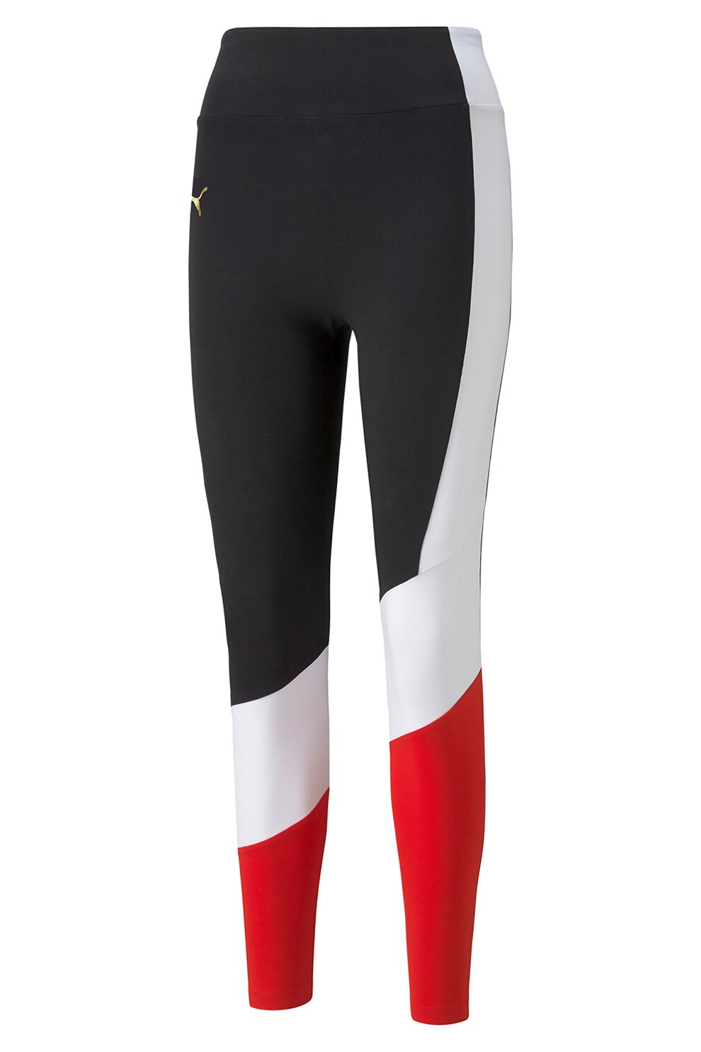 Puma, Colanti cu talie inalta si model colorblock, Negru/Alb/Rosu