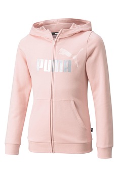 Puma, Hanorac cu fermoar intreg si imprimeu logo metalizat Essentials+, Roz pastel