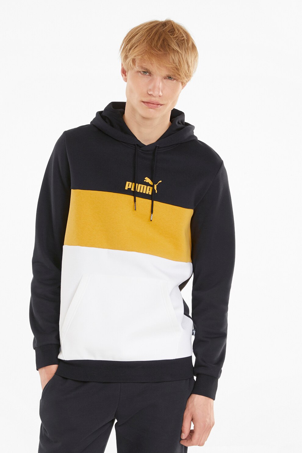 Puma, Hanorac cu model colorblock Essentials, Negru/Galben/Alb