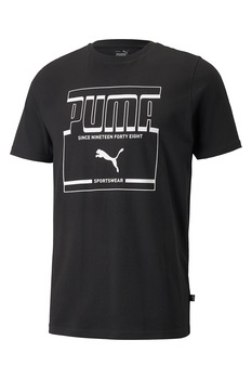 Puma, Tricou de bumbac cu decolteu la baza gatului si imprimeu logo, Negru