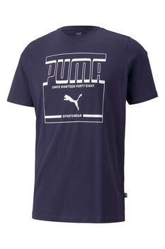 Puma, Tricou de bumbac cu decolteu la baza gatului si imprimeu logo, Bleumarin