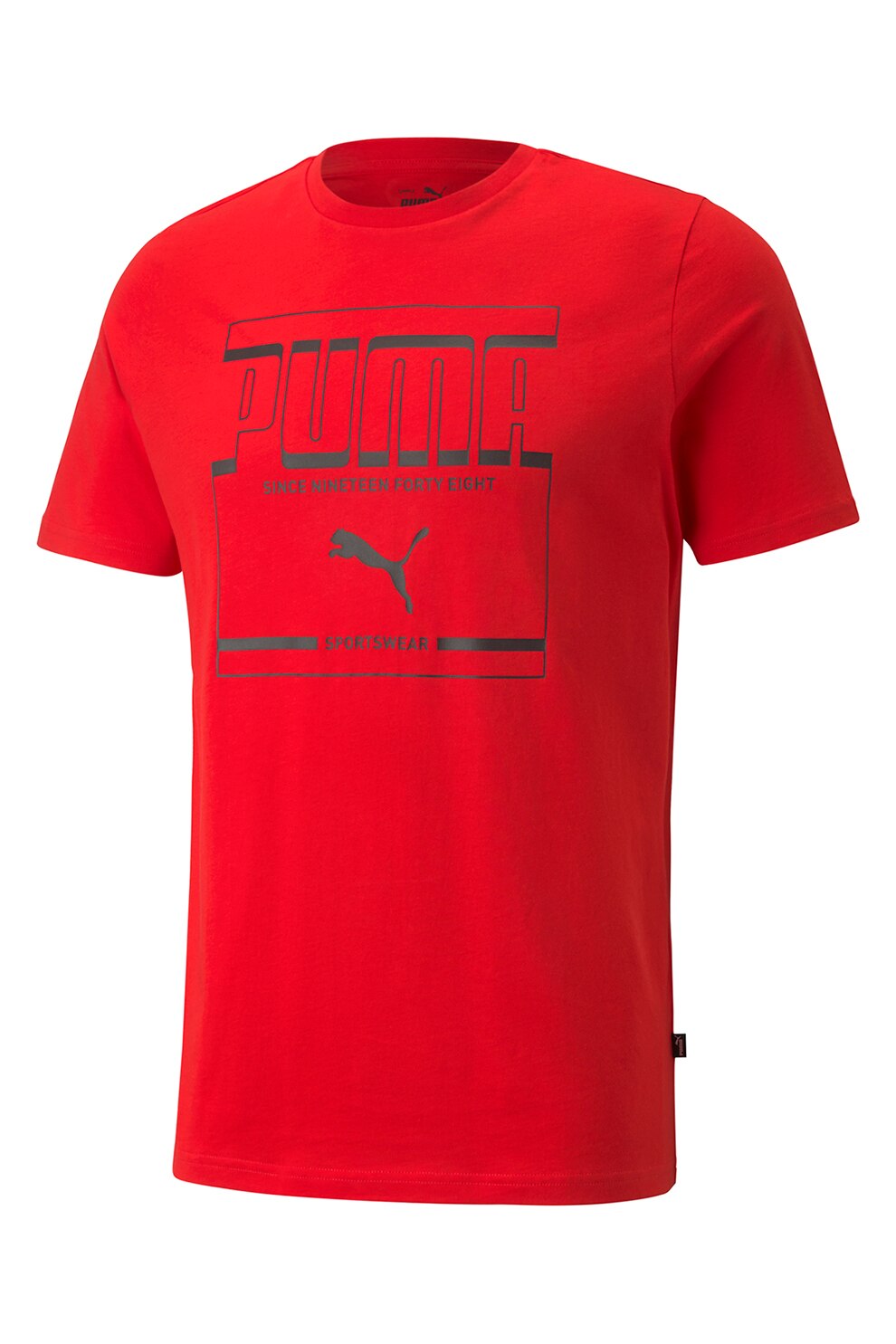 Puma, Tricou de bumbac cu decolteu la baza gatului si imprimeu logo, Rosu