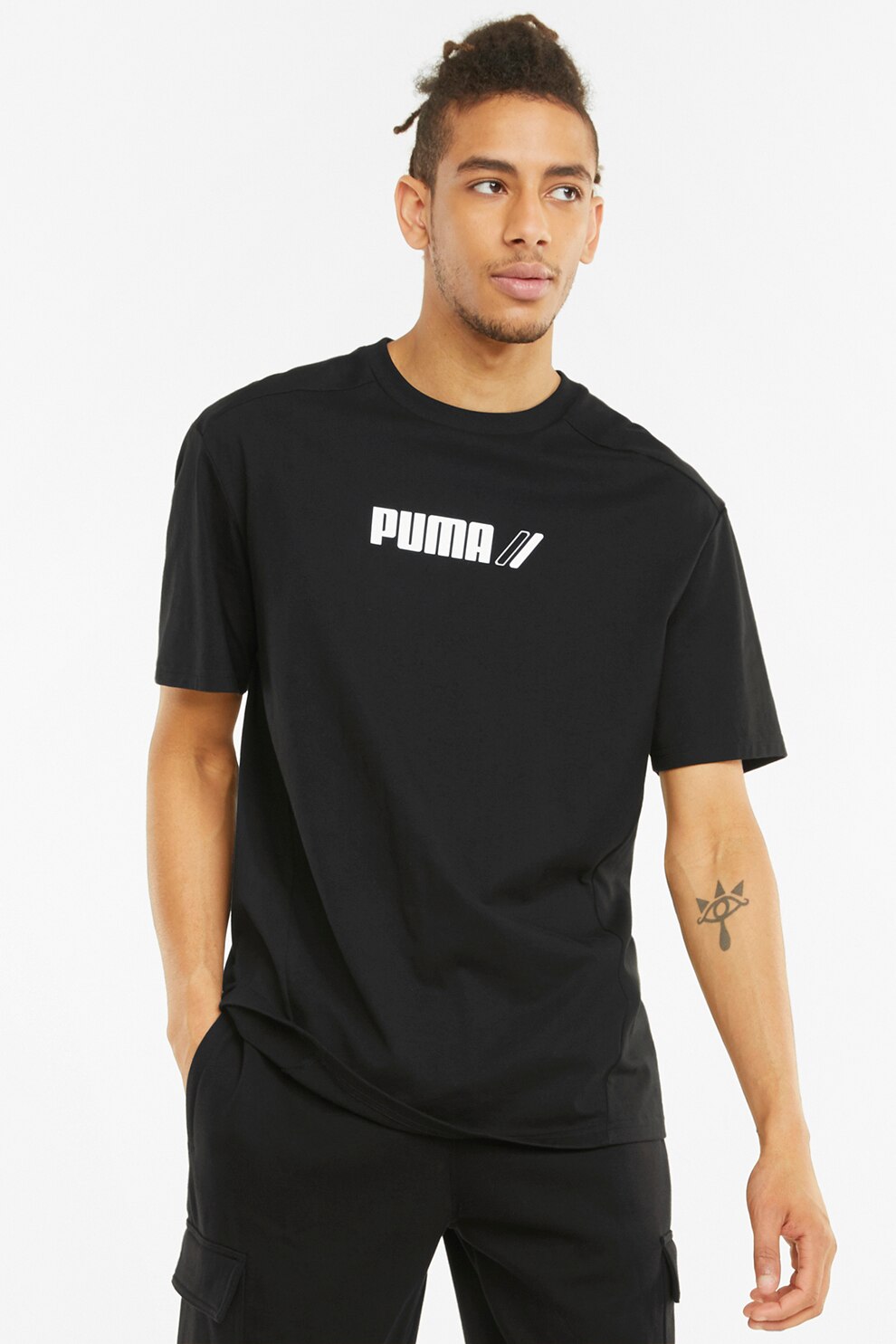 Puma, Tricou cu decolteu la baza gatului si imprimeu logo, Negru