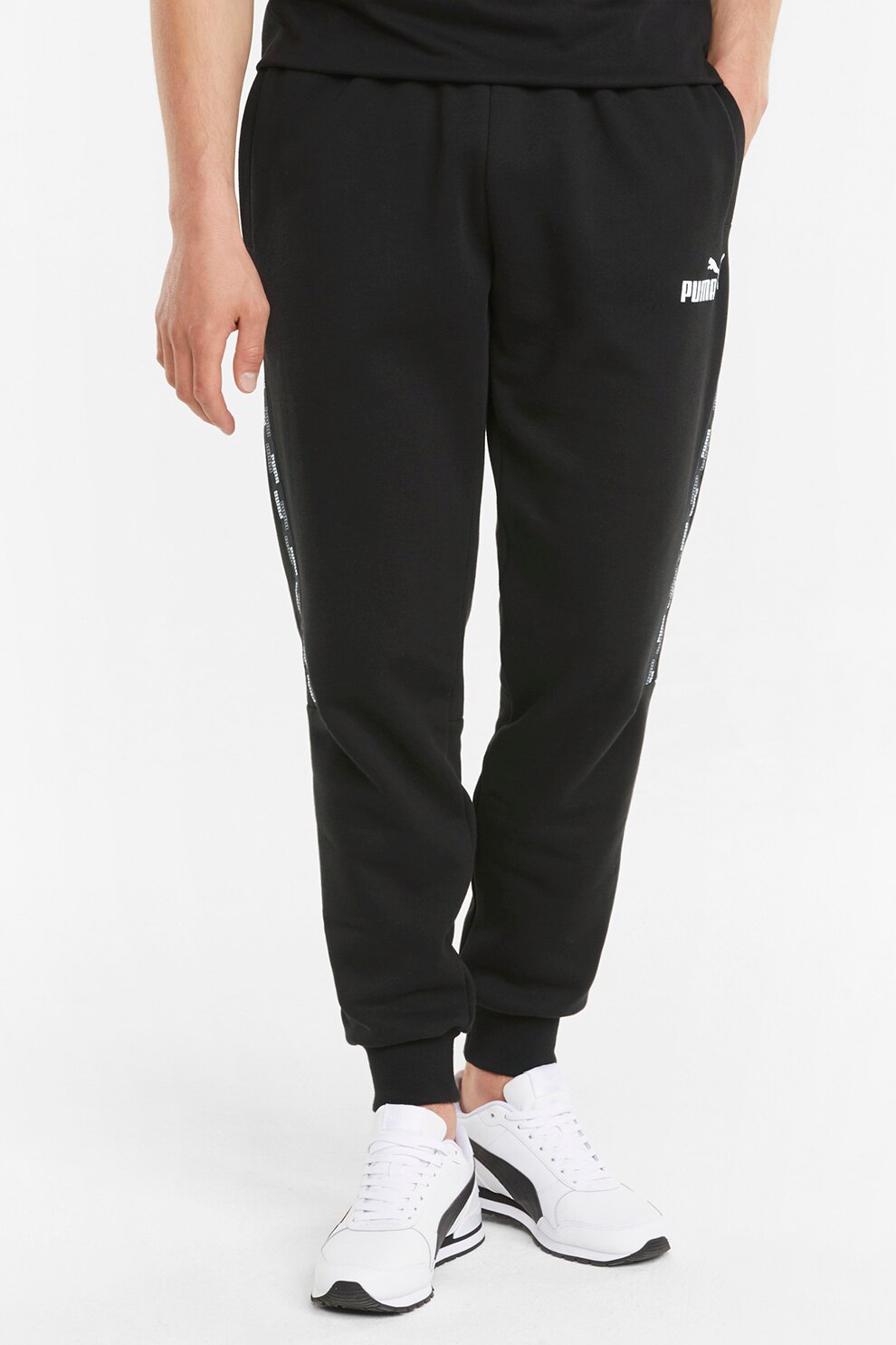 Puma, Pantaloni sport conici cu benzi logo laterale Power Tape, Negru