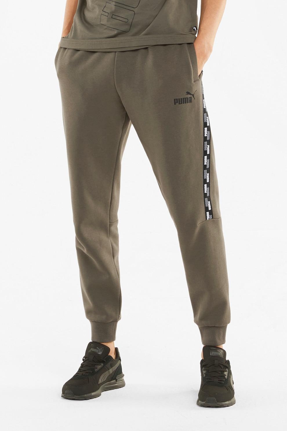 Puma, Pantaloni sport conici cu benzi logo laterale Power Tape, Verde sparanghel