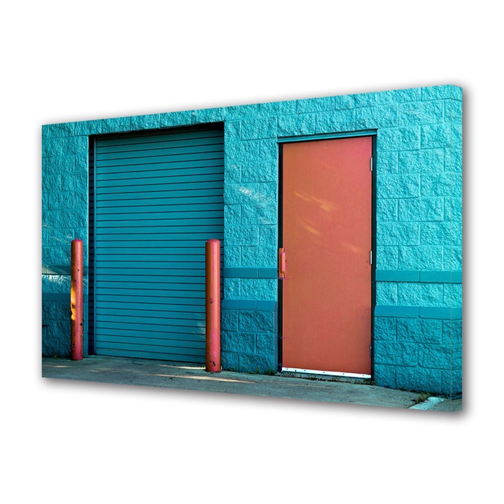 Tablou Canvas Fosforescent, Luminos in Intuneric, Premium, Art Star, Perete albastru cu usa portocalie, Urban, Panza pe cadru de lemn, Decoratiuni Moderne pentru Casa, 70 x 100 cm