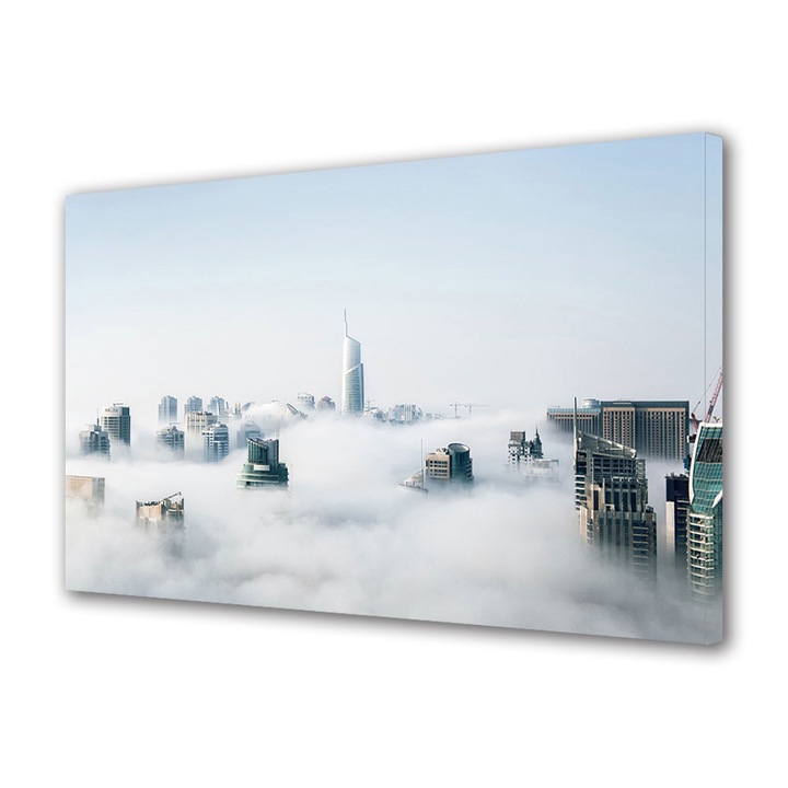 Tablou Canvas Led cu Intrerupator, Luminos in Intuneric, Premium, Art Star, Nori deasupra orasului , Urban, Panza pe cadru de lemn, Decoratiuni Moderne pentru Casa, 60 x 90 cm
