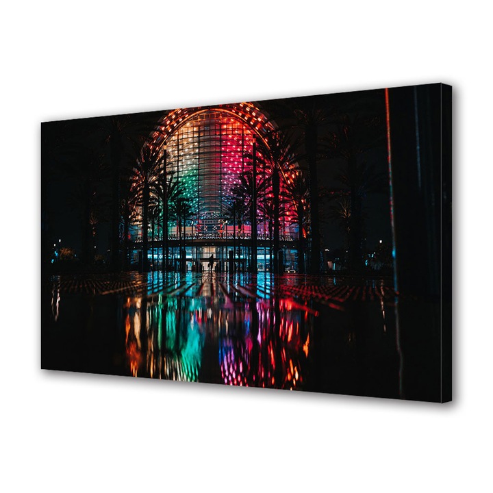 Tablou Canvas Led cu Intrerupator, Luminos in Intuneric, Premium, Art Star, Cladire cu multe lumini reflectate in apa, Urban, Panza pe cadru de lemn, Decoratiuni Moderne pentru Casa, 60 x 90 cm