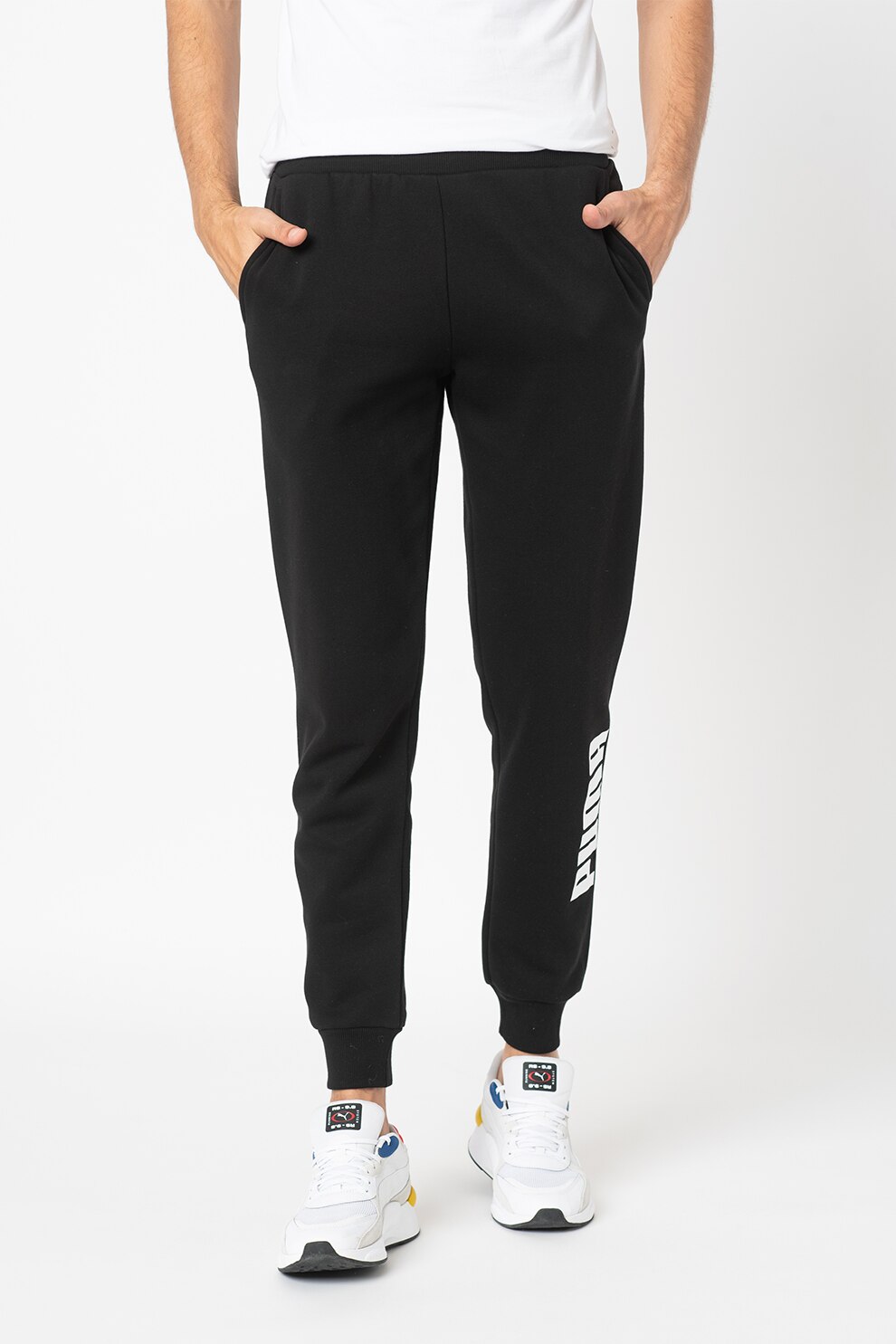 Puma, Pantaloni sport conici cu imprimeu logo Power, Negru