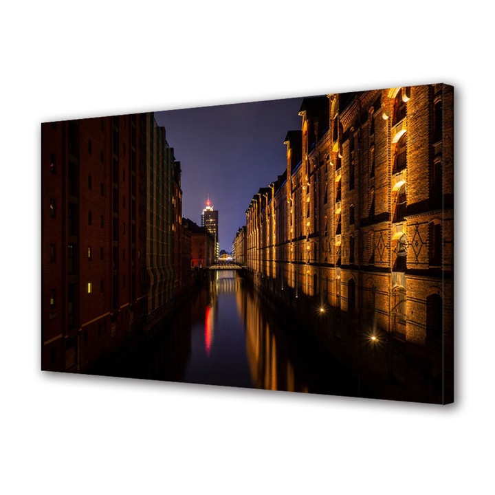 Tablou Canvas Fosforescent, Luminos in Intuneric, Premium, Art Star, Cladiri cu lumina galbena, Urban, Panza pe cadru de lemn, Decoratiuni Moderne pentru Casa, 50 x 70 cm