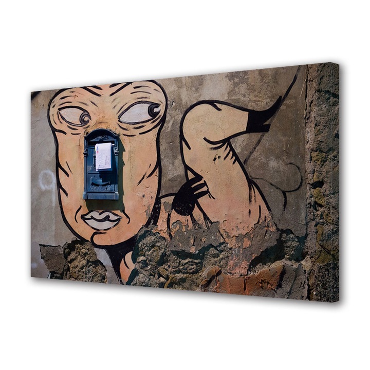 Tablou Canvas Premium, Art Star, Personaj desenat pe peretele cu posta, Urban, Panza pe cadru de lemn, Decoratiuni Moderne pentru Casa, 30 x 45 cm